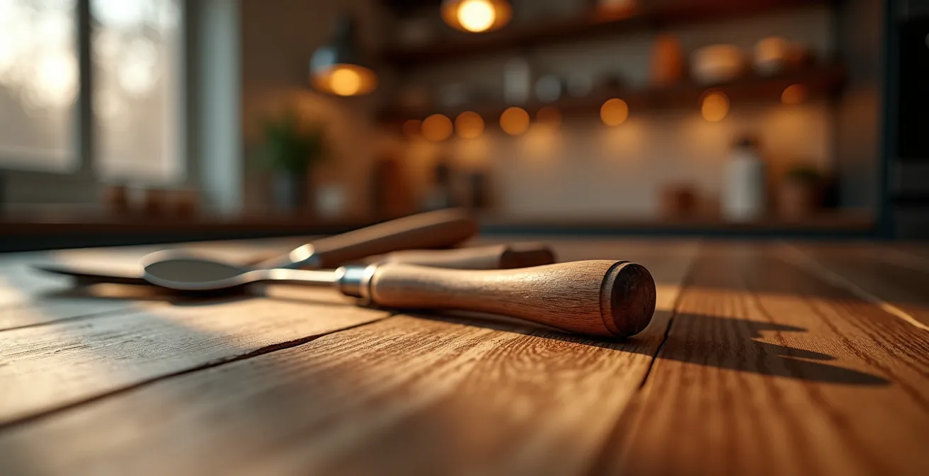 Axe Macro & Textural : Gros plan sur plan de travail en bois massif avec ustensiles de cuisine premium