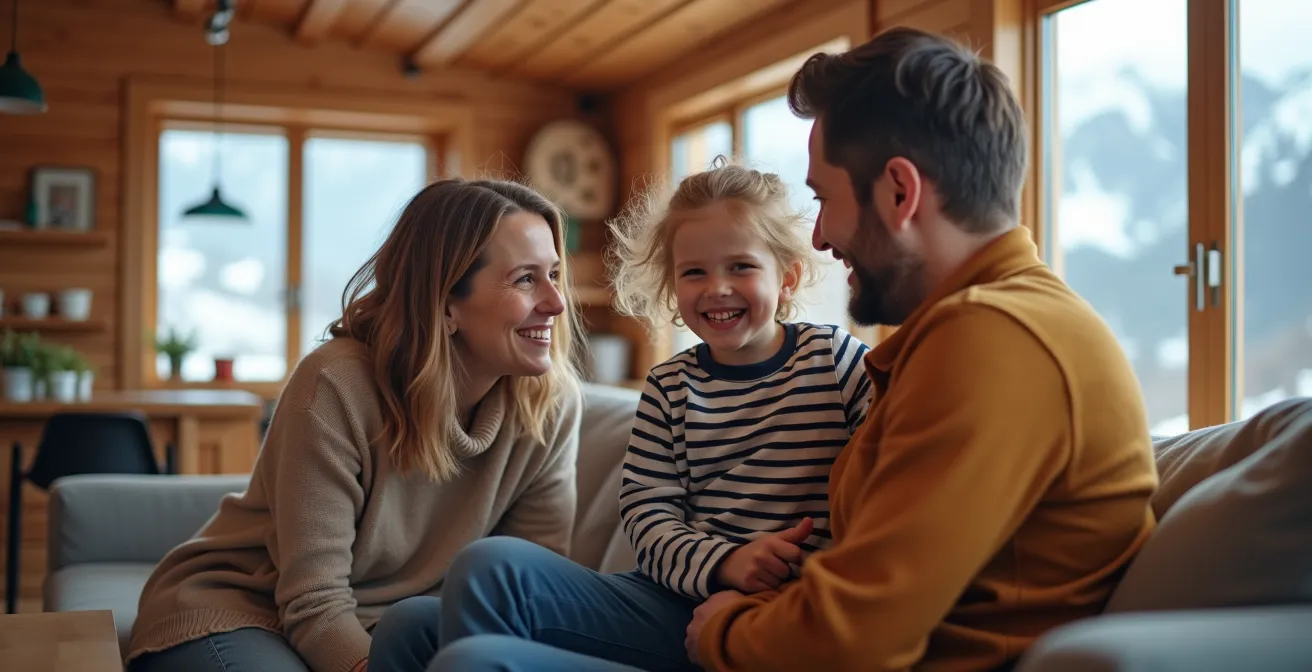 Axe Humain & Émotionnel : Famille dans un salon de chalet moderne avec séparation d'espaces fluide et lumineuse